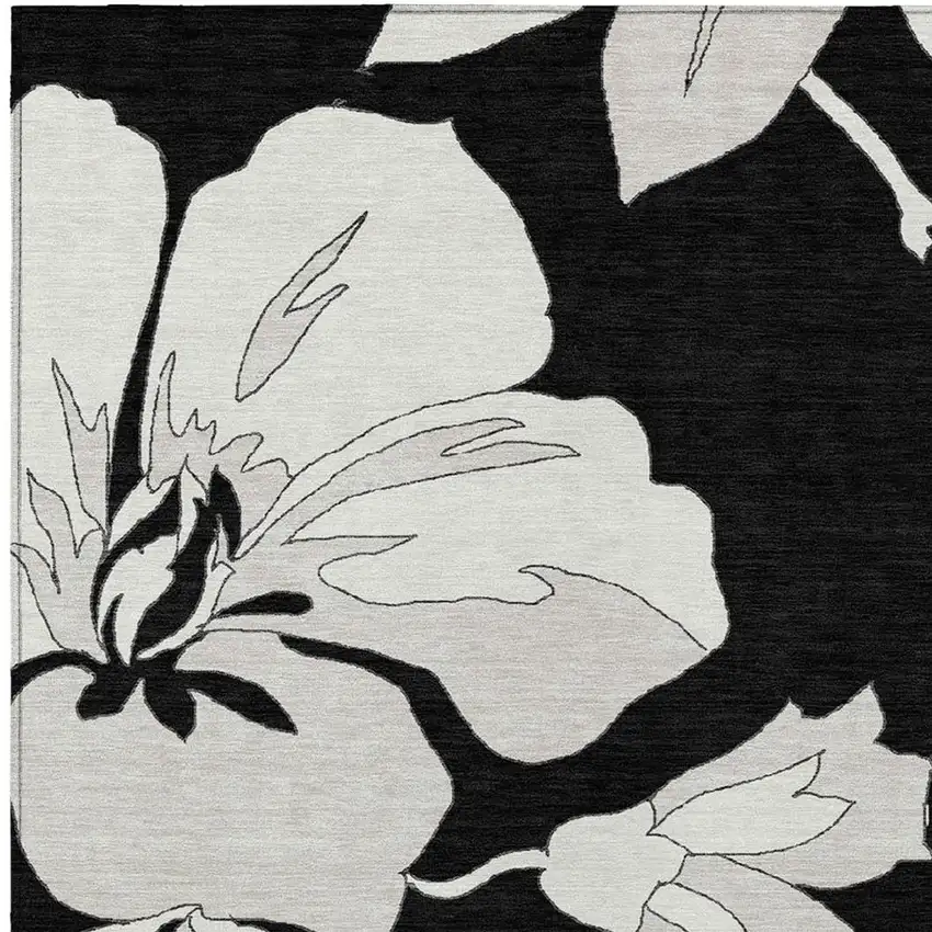 Black Gray And Silver Floral Washable Indoor Outdoor Area Rug Photo 8