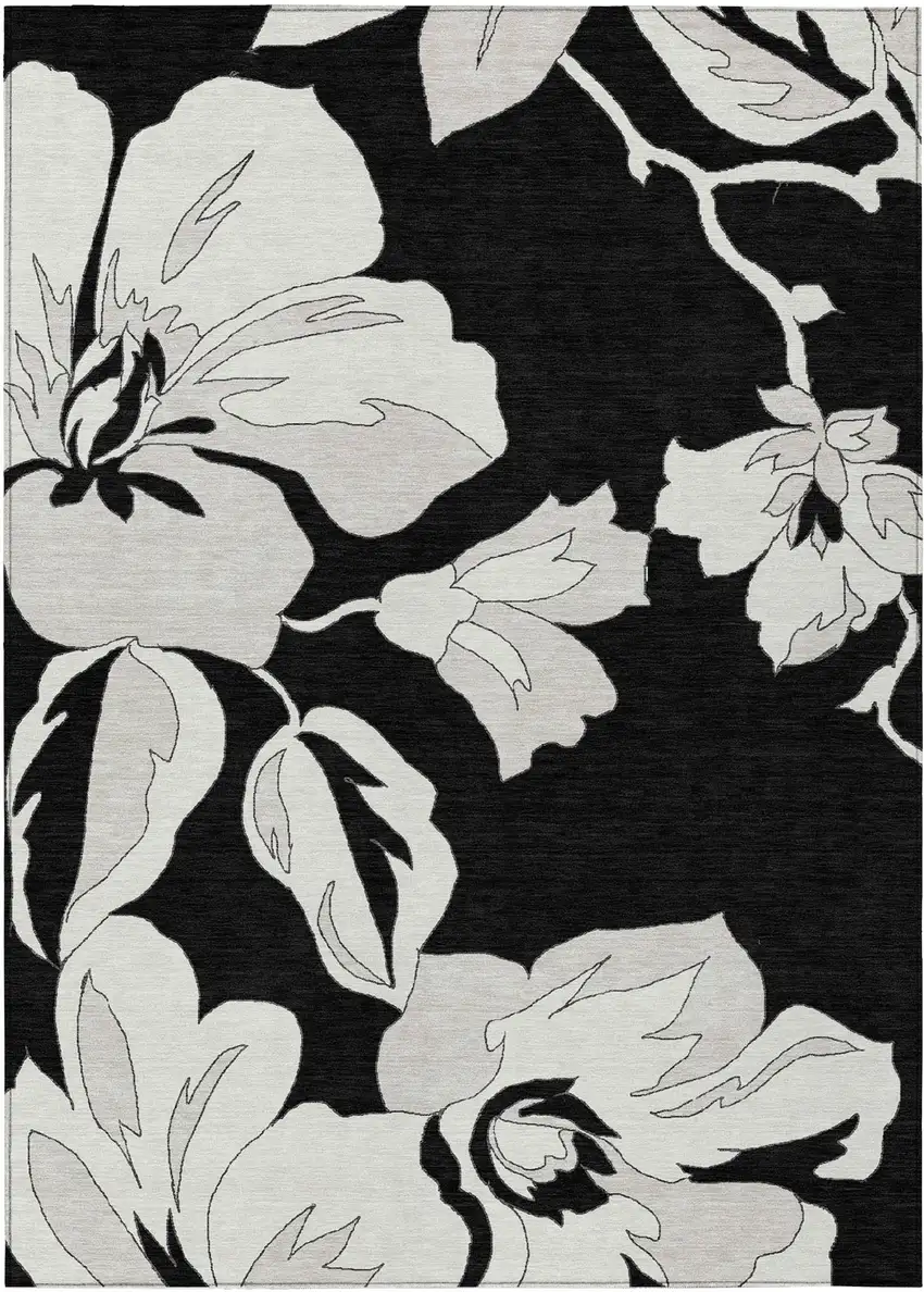 Black Gray And Silver Floral Washable Indoor Outdoor Area Rug Photo 2