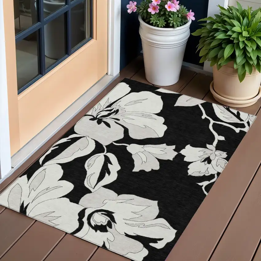 Black Gray And Silver Floral Washable Indoor Outdoor Area Rug Photo 1