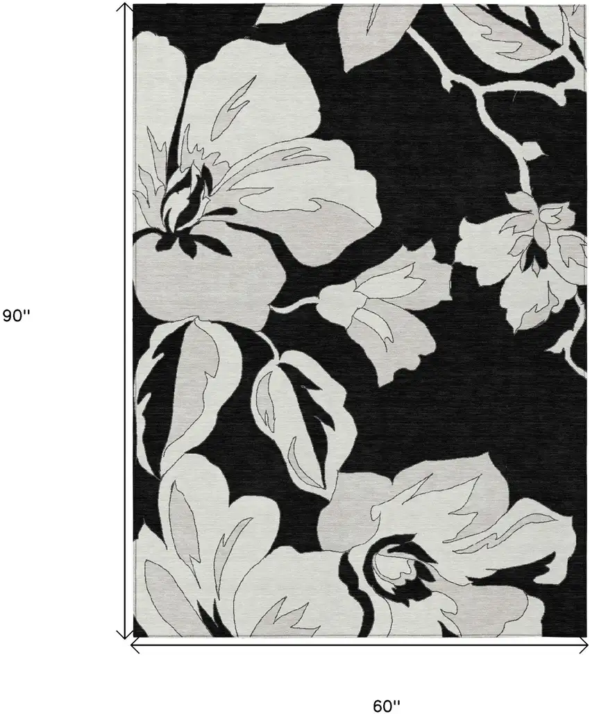 Black Gray And Silver Floral Washable Indoor Outdoor Area Rug Photo 3