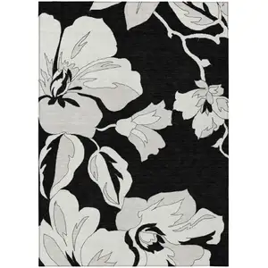 Photo of Black Gray And Silver Floral Washable Indoor Outdoor Area Rug