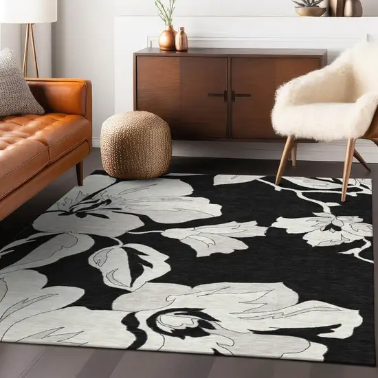 Black Gray And Silver Floral Washable Indoor Outdoor Area Rug Photo 9