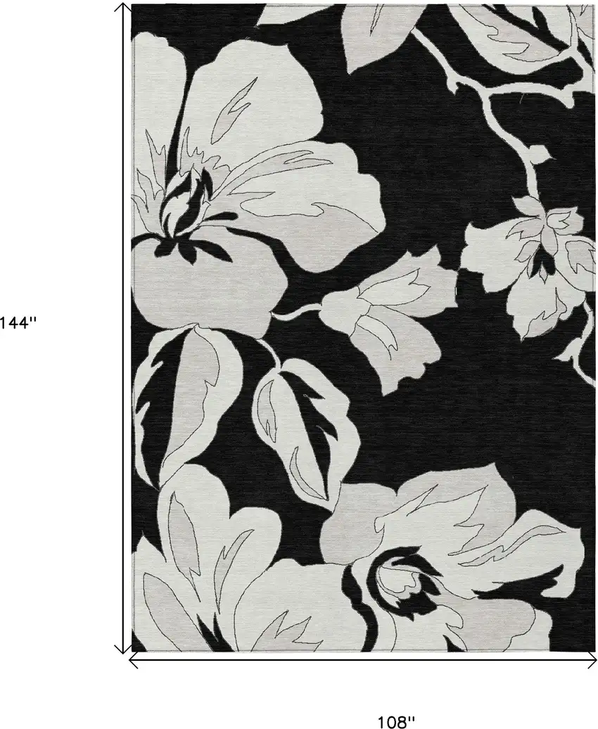 Black Gray And Silver Floral Washable Indoor Outdoor Area Rug Photo 3