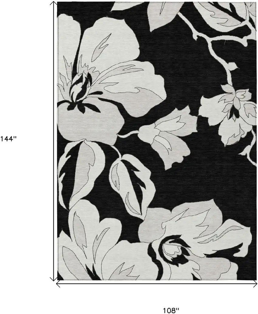 Black Gray And Silver Floral Washable Indoor Outdoor Area Rug Photo 3