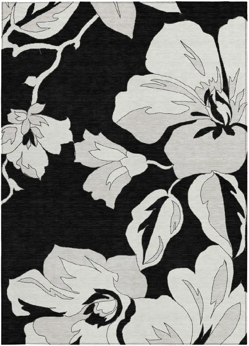 Black Gray And Silver Floral Washable Indoor Outdoor Area Rug Photo 8