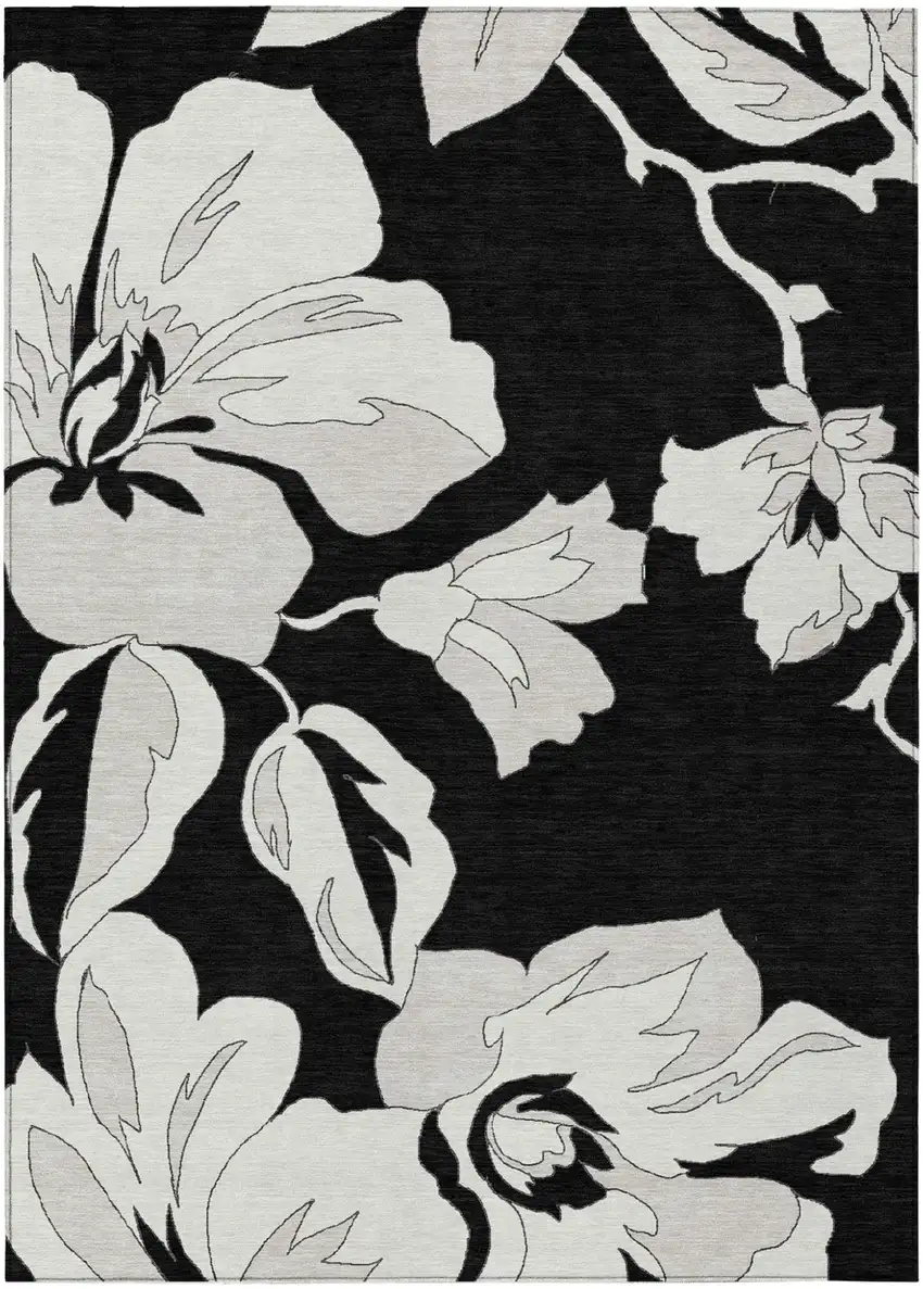 Black Gray And Silver Floral Washable Indoor Outdoor Area Rug Photo 2