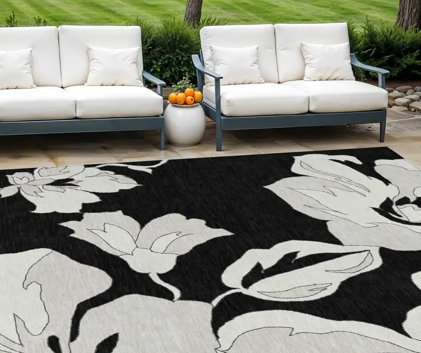 Black Gray And Silver Floral Washable Indoor Outdoor Area Rug Photo 1