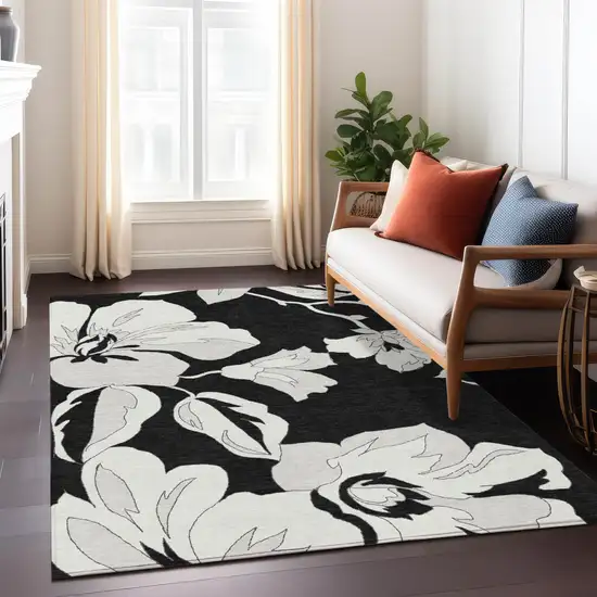 Black Gray And Silver Floral Washable Indoor Outdoor Area Rug Photo 9
