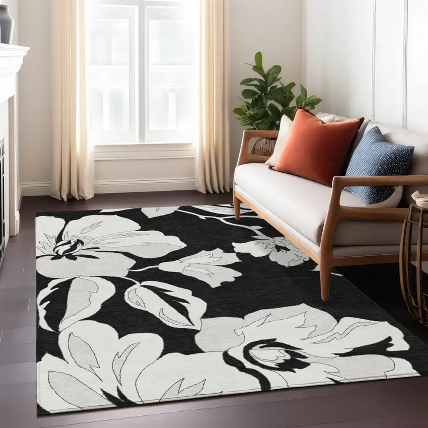 Black Gray And Silver Floral Washable Indoor Outdoor Area Rug Photo 9