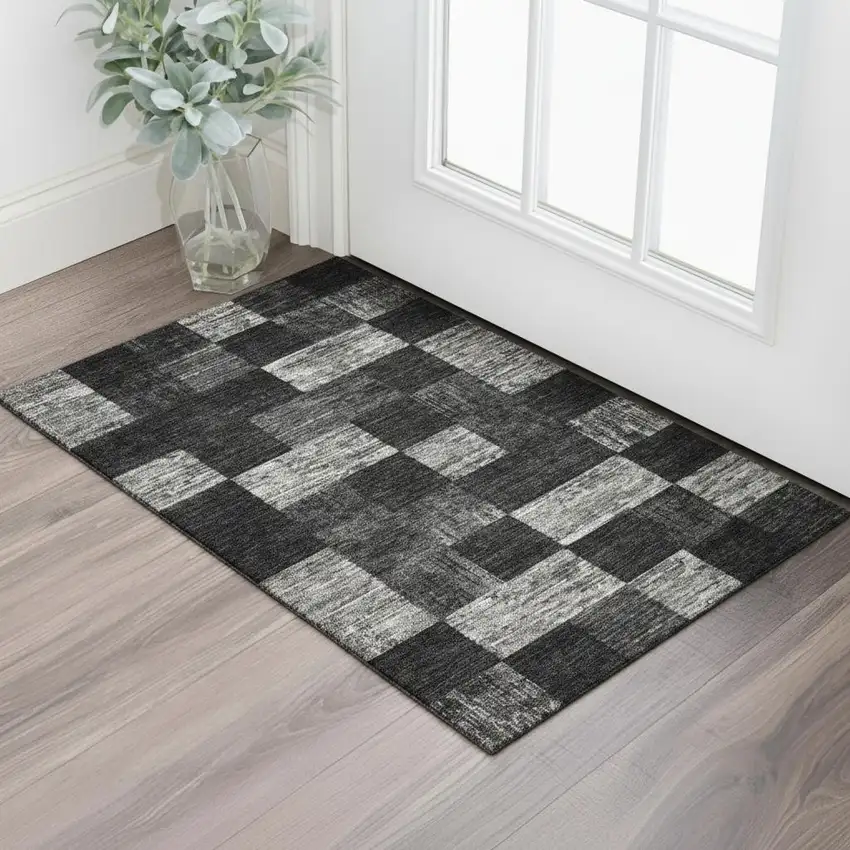 Black Gray And Silver Geometric Washable Area Rug With UV Protection Photo 2