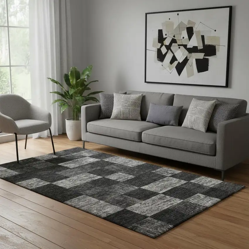 Black Gray And Silver Geometric Washable Area Rug With UV Protection Photo 2