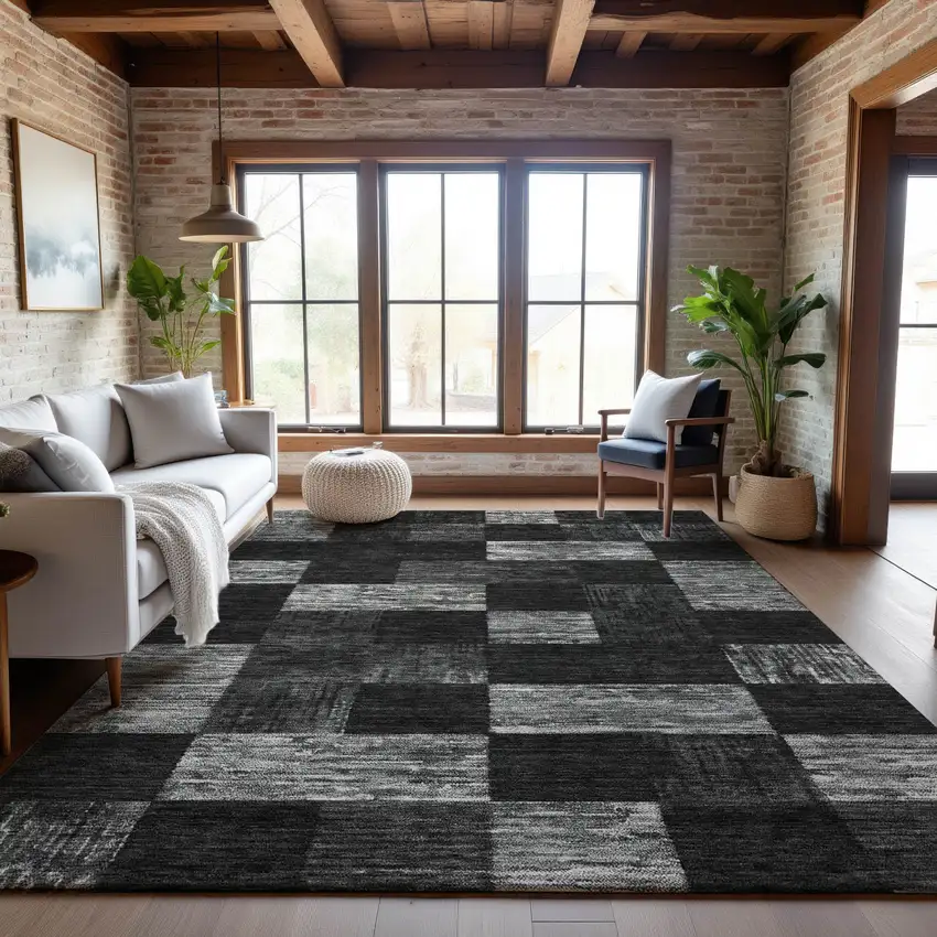 Black Gray And Silver Geometric Washable Area Rug With UV Protection Photo 4