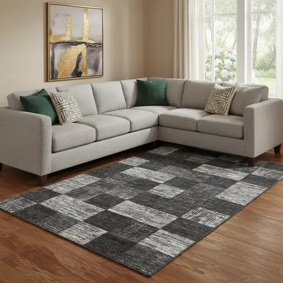 Black Gray And Silver Geometric Washable Area Rug With UV Protection Photo 2