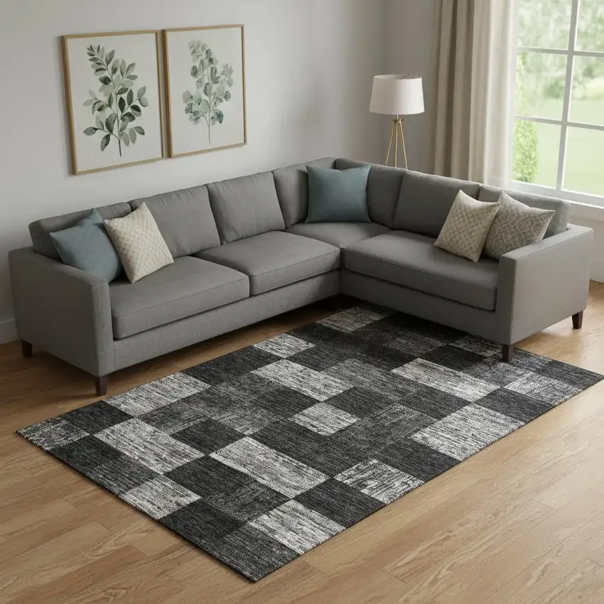Black Gray And Silver Geometric Washable Area Rug With UV Protection Photo 2