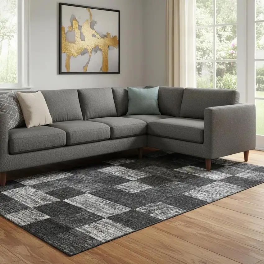 Black Gray And Silver Geometric Washable Area Rug With UV Protection Photo 2