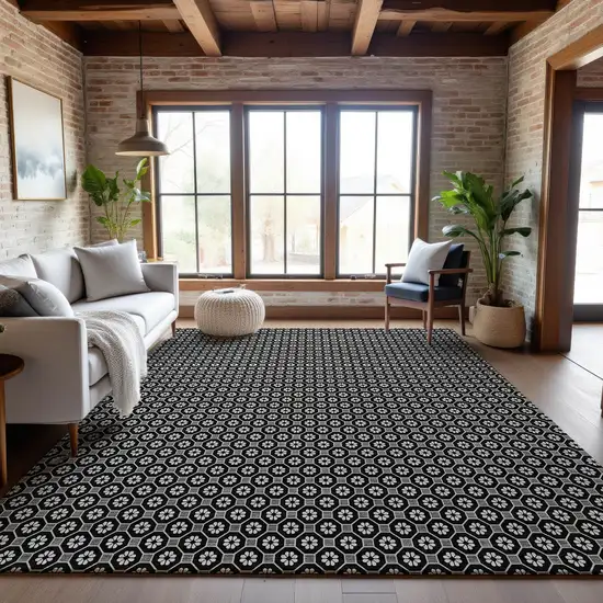 Black Gray And Silver Geometric Washable Area Rug With UV Protection Photo 5