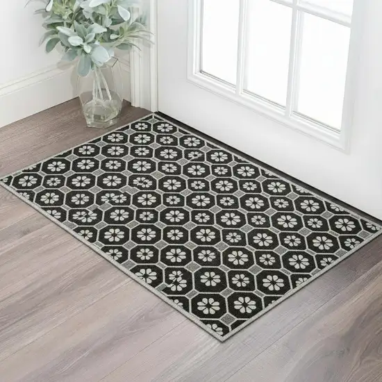 Black Gray And Silver Geometric Washable Area Rug With UV Protection Photo 2