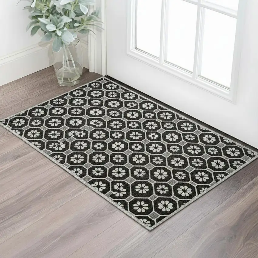 Black Gray And Silver Geometric Washable Area Rug With UV Protection Photo 2