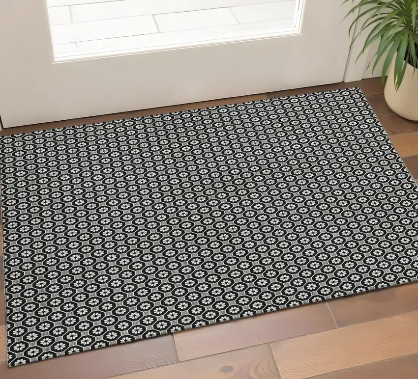 Black Gray And Silver Geometric Washable Area Rug With UV Protection Photo 1