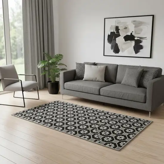 Black Gray And Silver Geometric Washable Area Rug With UV Protection Photo 1