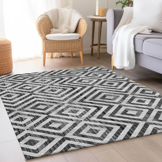 Black Gray And Silver Geometric Washable Indoor Outdoor Area Rug Photo 8
