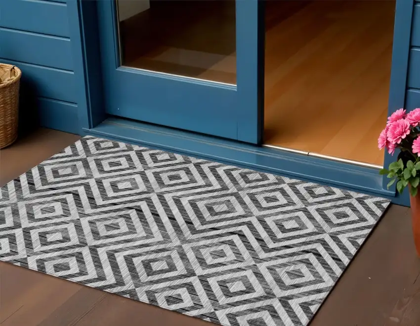 Black Gray And Silver Geometric Washable Indoor Outdoor Area Rug Photo 1