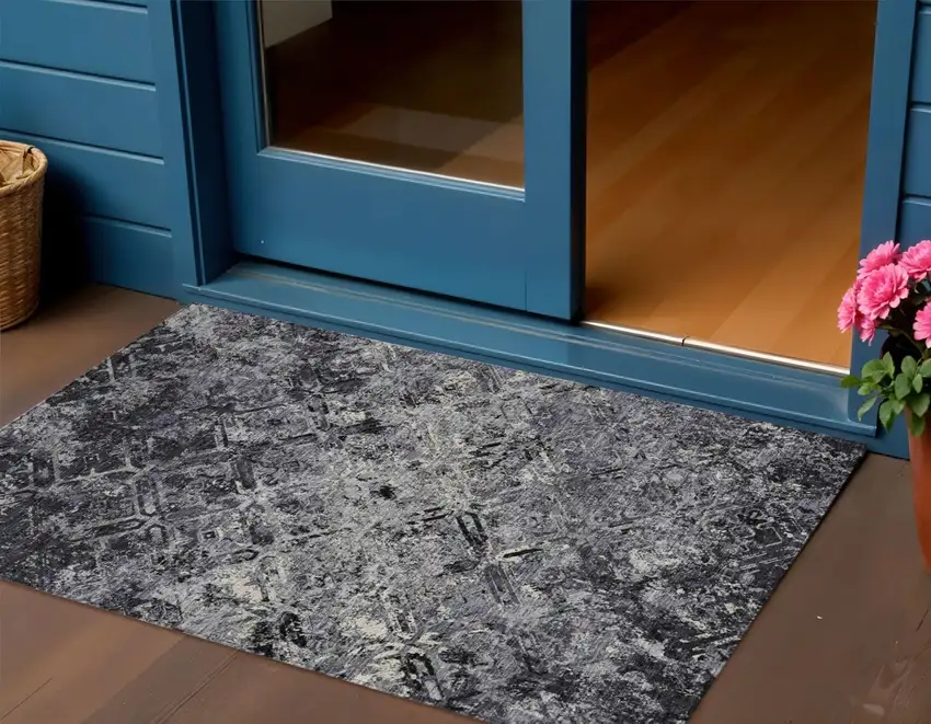 Black Gray And Silver Geometric Washable Indoor Outdoor Area Rug Photo 1