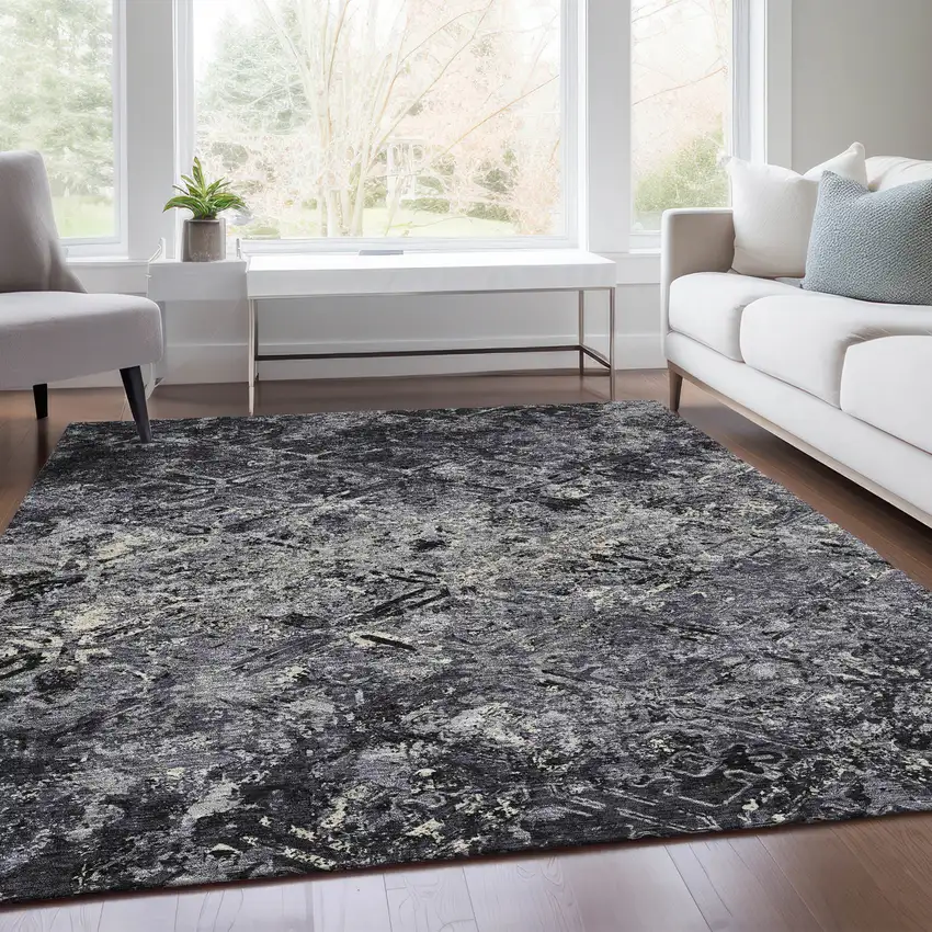 Black Gray And Silver Geometric Washable Indoor Outdoor Area Rug Photo 8