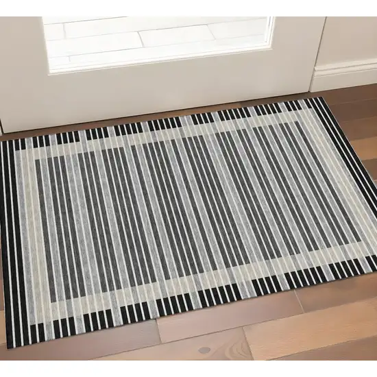 Black Gray And Silver Striped Washable Area Rug With UV Protection Photo 1