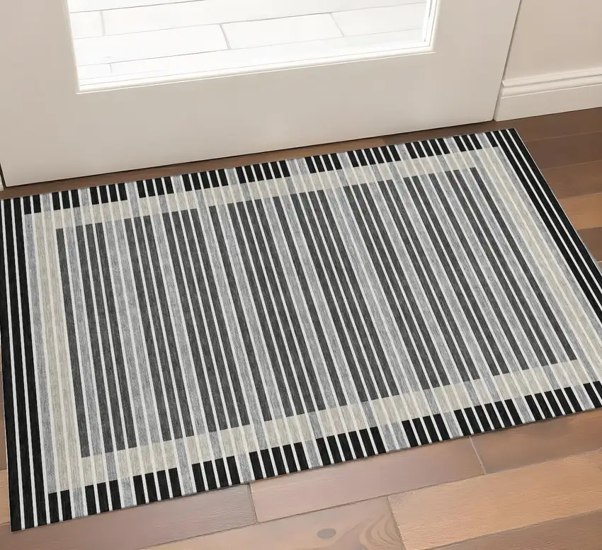 Black Gray And Silver Striped Washable Area Rug With UV Protection Photo 1