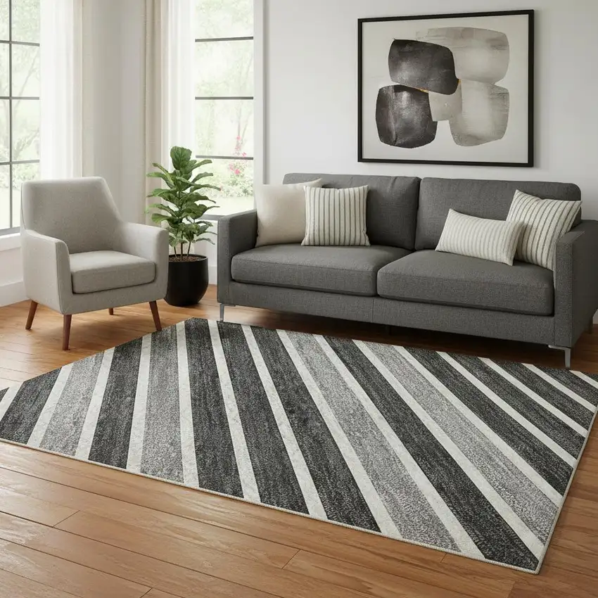 Black Gray And Silver Striped Washable Area Rug With UV Protection Photo 2