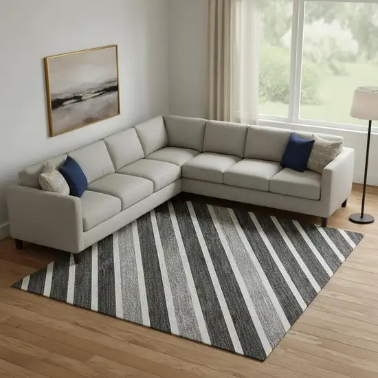 Black Gray And Silver Striped Washable Area Rug With UV Protection Photo 2