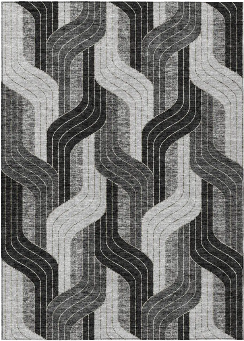 Black Gray And Silver Striped Washable Indoor Outdoor Area Rug Photo 1