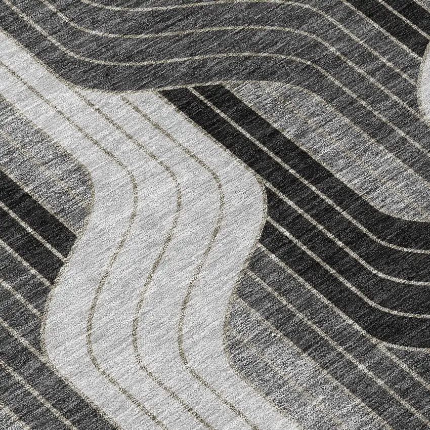 Black Gray And Silver Striped Washable Indoor Outdoor Area Rug Photo 6