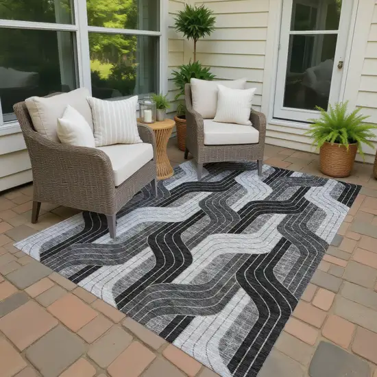 Black Gray And Silver Striped Washable Indoor Outdoor Area Rug Photo 4