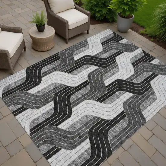 Black Gray And Silver Striped Washable Indoor Outdoor Area Rug Photo 7