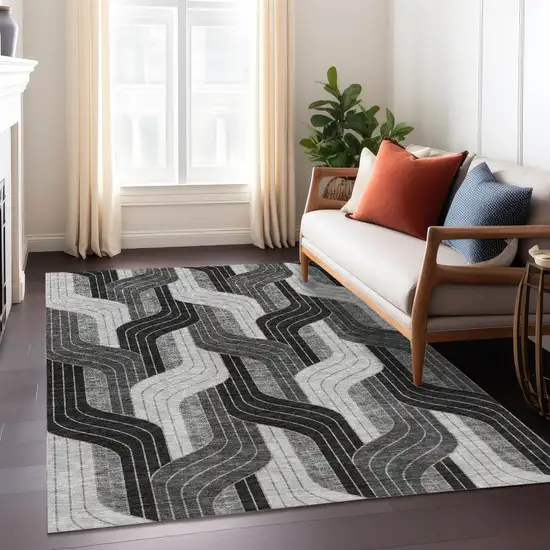 Black Gray And Silver Striped Washable Indoor Outdoor Area Rug Photo 6