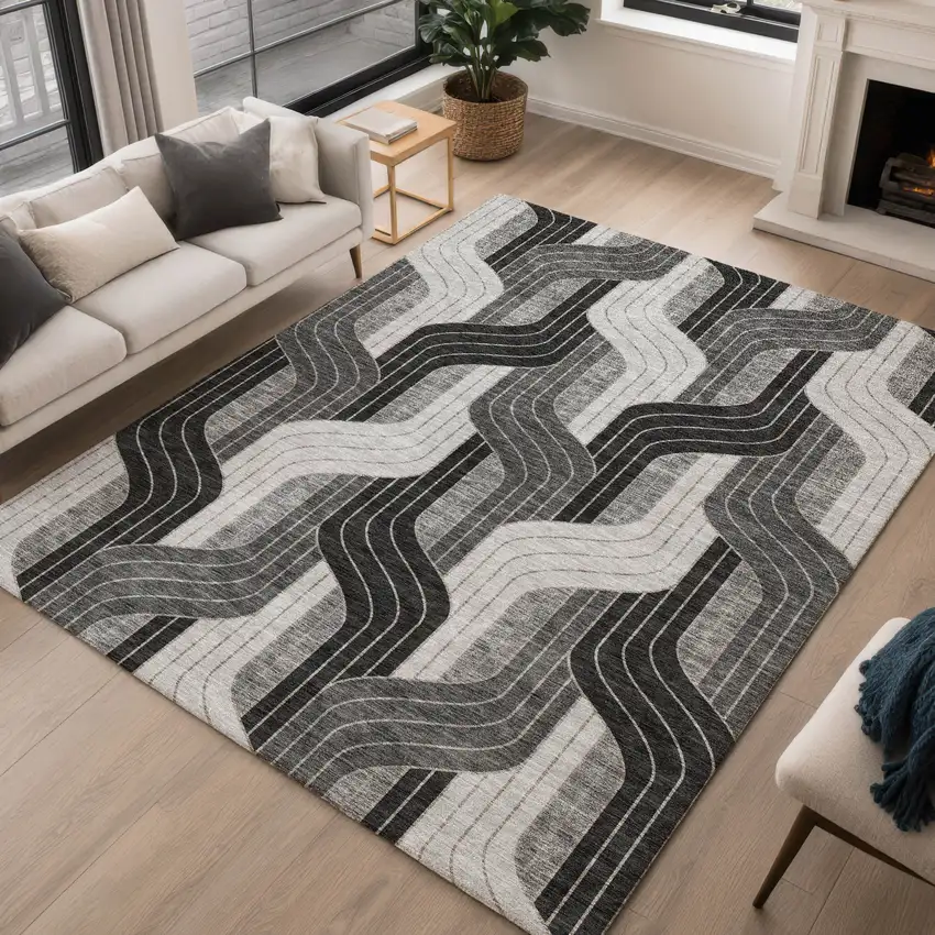 Black Gray And Silver Striped Washable Indoor Outdoor Area Rug Photo 5
