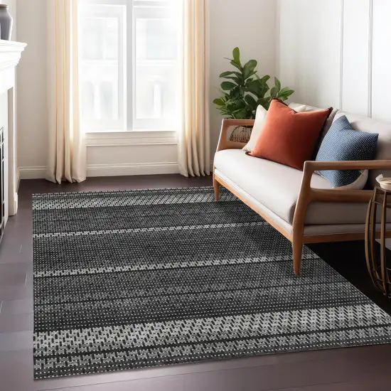 Black Gray And Silver Striped Washable Indoor Outdoor Area Rug Photo 6