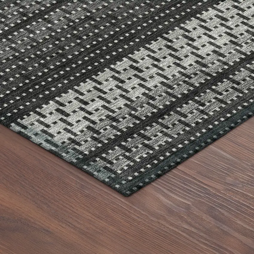 Black Gray And Silver Striped Washable Indoor Outdoor Area Rug Photo 5