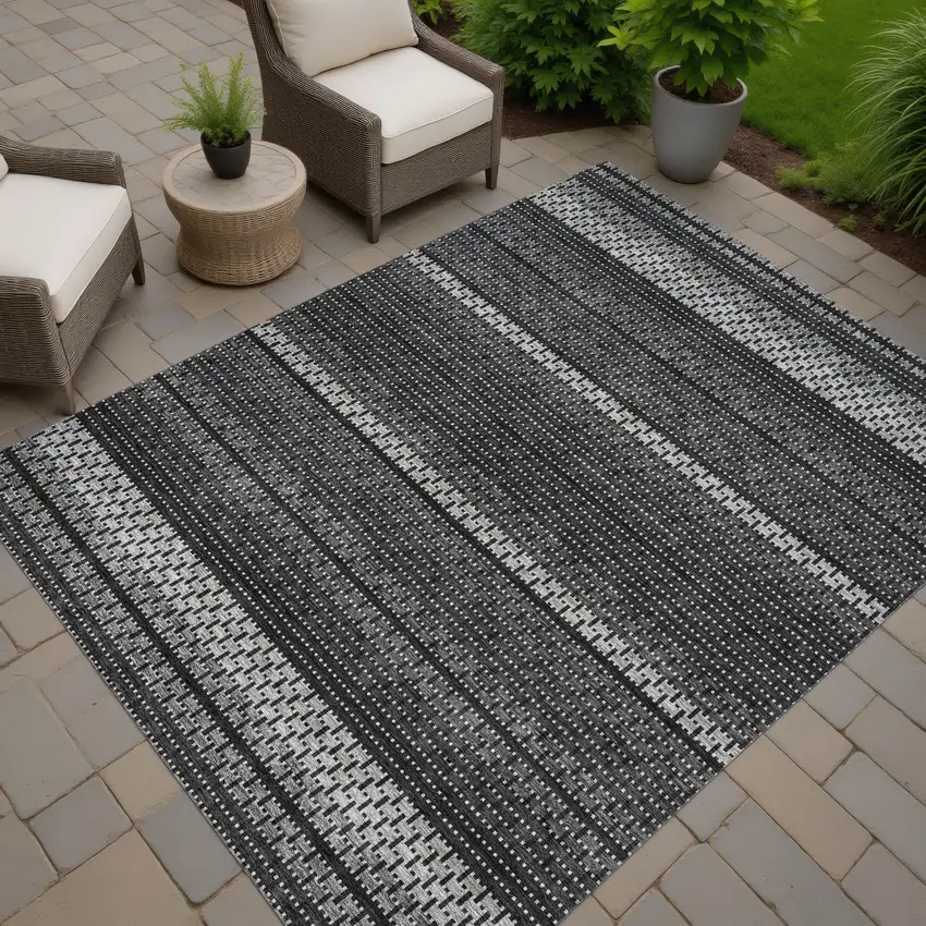 Black Gray And Silver Striped Washable Indoor Outdoor Area Rug Photo 6