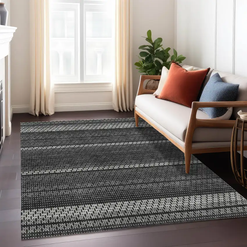Black Gray And Silver Striped Washable Indoor Outdoor Area Rug Photo 5