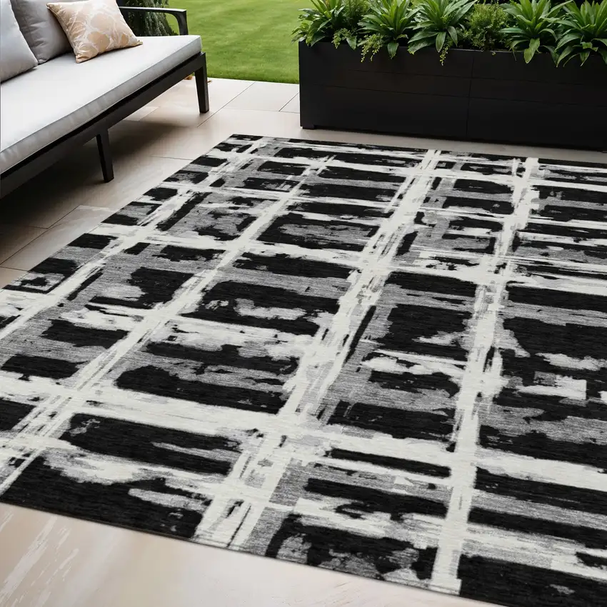 Black Gray And Silver Striped Washable Indoor Outdoor Area Rug Photo 1