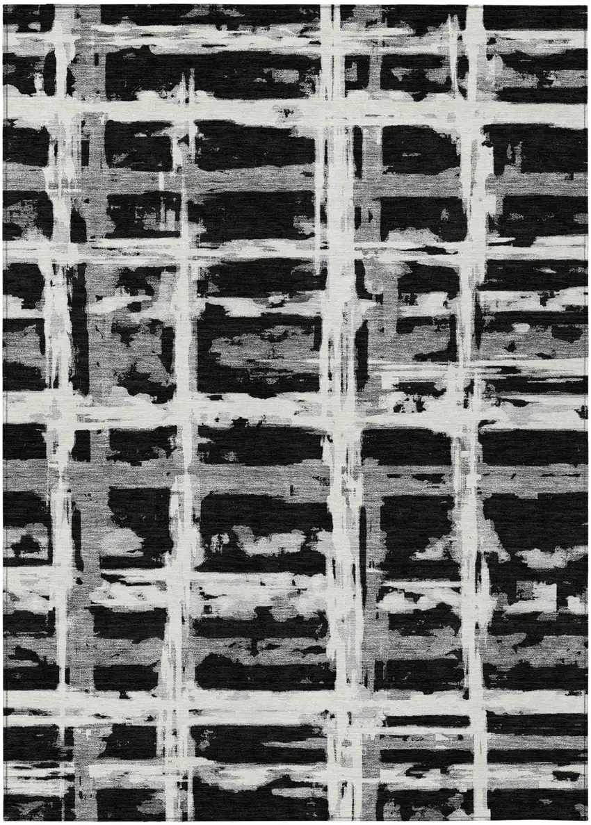 Black Gray And Silver Striped Washable Indoor Outdoor Area Rug Photo 1