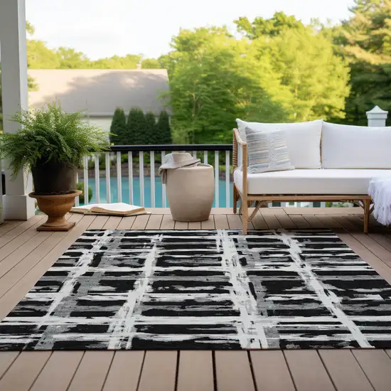 Black Gray And Silver Striped Washable Indoor Outdoor Area Rug Photo 9