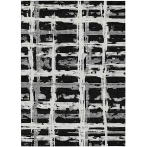 Photo of Black Gray And Silver Striped Washable Indoor Outdoor Area Rug