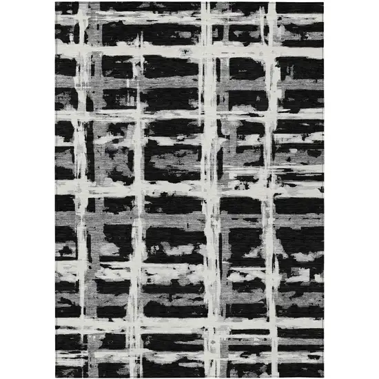 Black Gray And Silver Striped Washable Indoor Outdoor Area Rug Photo 1