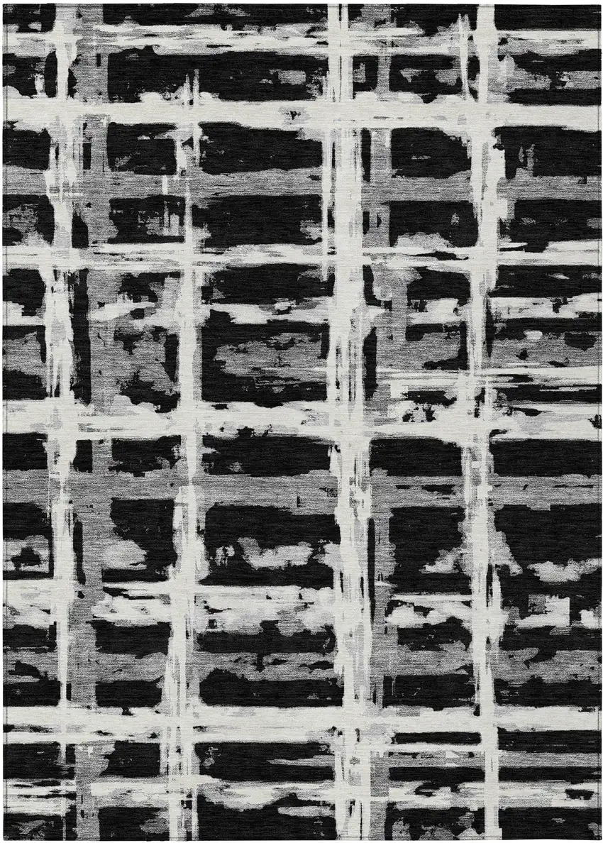 Black Gray And Silver Striped Washable Indoor Outdoor Area Rug Photo 1