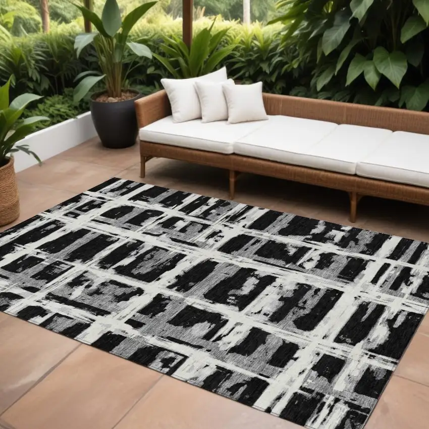 Black Gray And Silver Striped Washable Indoor Outdoor Area Rug Photo 1