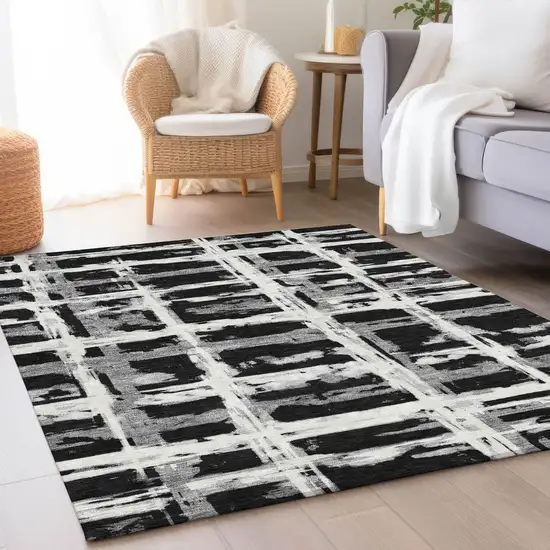 Black Gray And Silver Striped Washable Indoor Outdoor Area Rug Photo 8